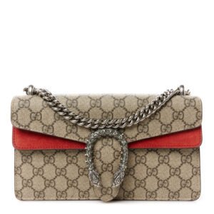 Gucci  GG Supreme Monogram Suede Crystal Small Dionysus Shoulder Bag Beige Ebony Vulcanic Red