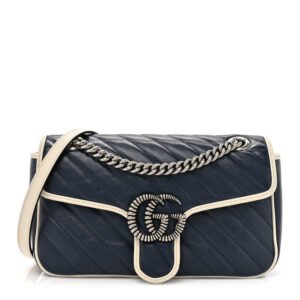 Gucci  Vintage Effect Calfskin Matelasse Diagonal Small Torchon GG Marmont Shoulder Bag Blue Agata Mystic White